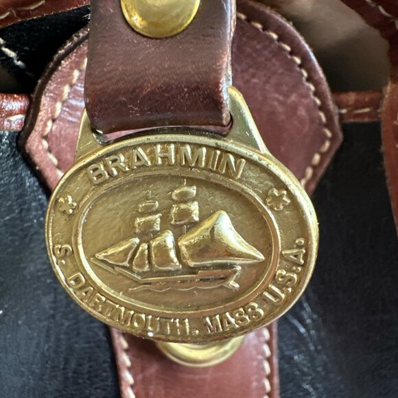 Vintage Brahmin Satchel Handbag Brown Black Smooth Leather Timeless Preppy - Picture 12 of 16